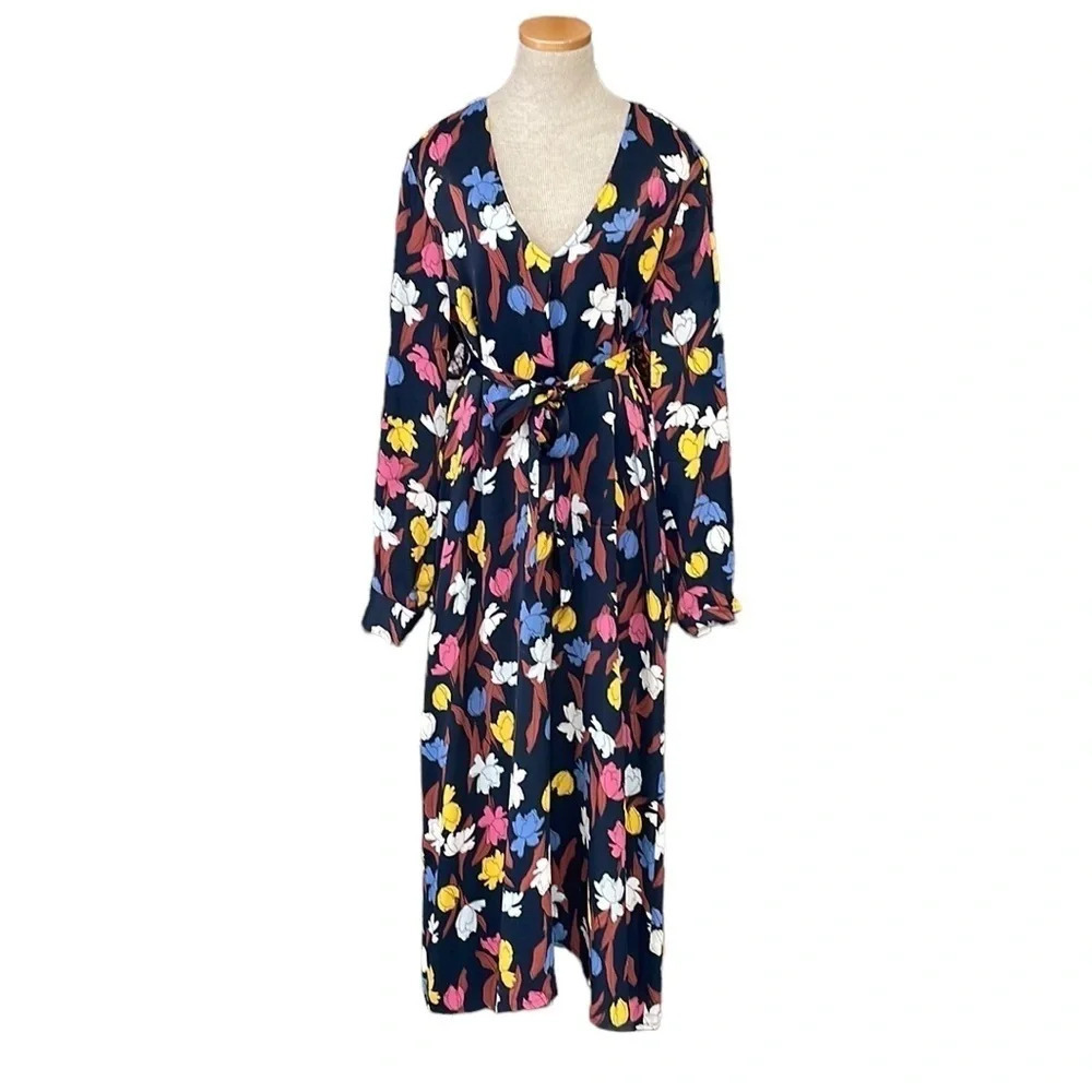 JUST FEMALE Dress Navy Blue Yellow Pink Floral Print V-Neck Size Large